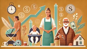 Retribuzioni lavoro domestico 2025. Illustrazione che rappresenta colf, badanti e babysitter in un ambiente domestico, con simboli di aumento dei costi come grafici in salita e monete sullo sfondo